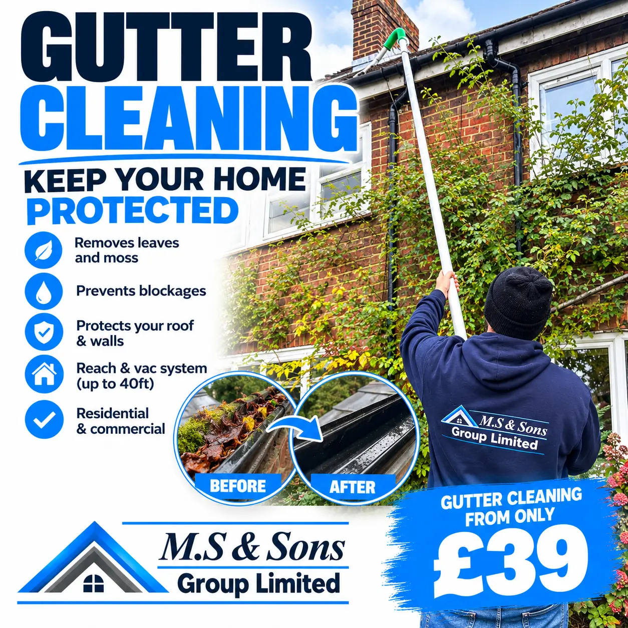 Gutter cleaning from the ground with a reach and vac system up to 40ft