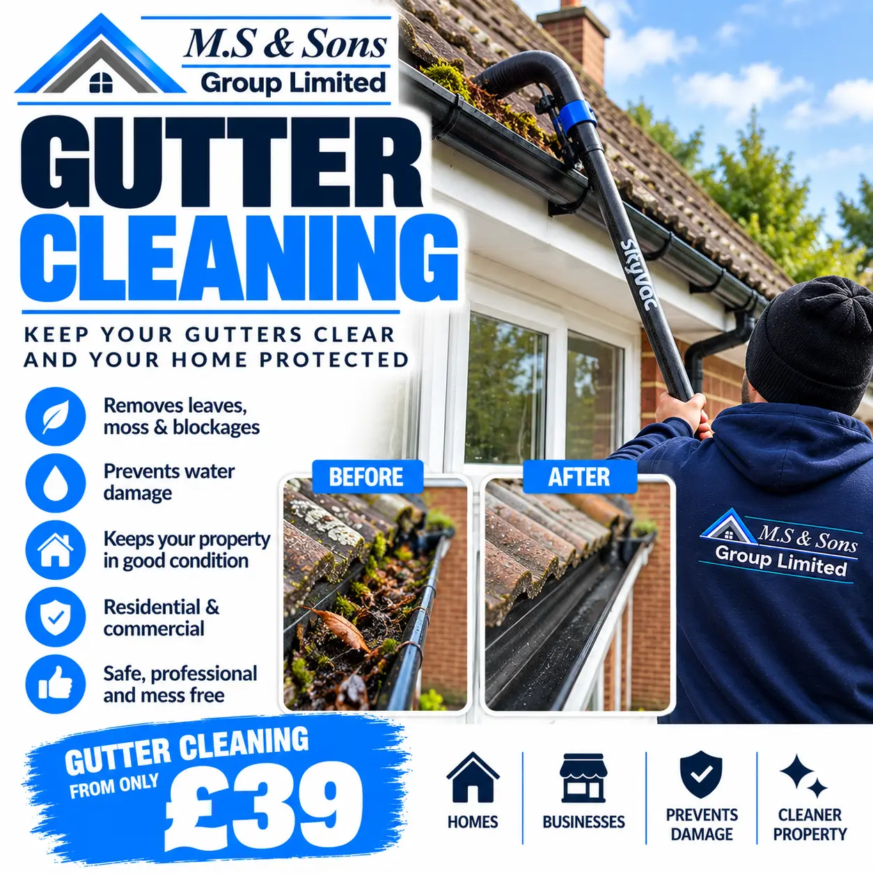 M.S & Sons gutter cleaning with a high-reach vacuum, before and after