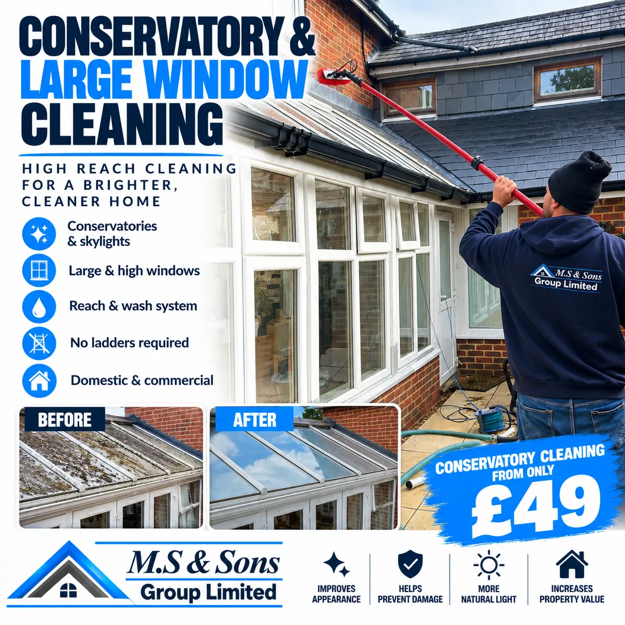 Conservatory and large window cleaning with a reach and wash system